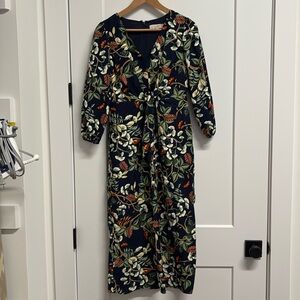 LOFT Floral Midi Dress - Navy and Multicolor